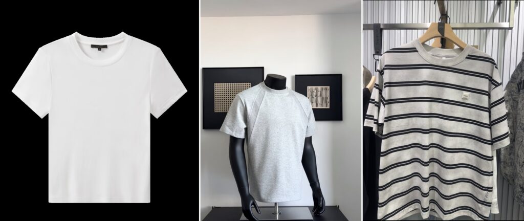 Round neck t-shirt, shoulder design t-shirt, striped t-shirt