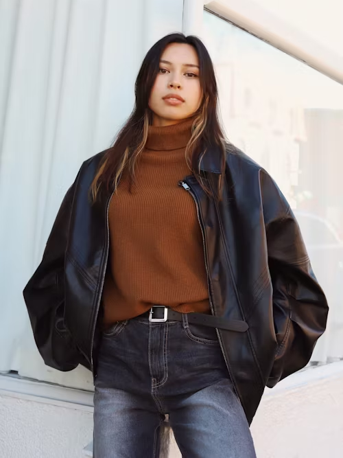 Leather jacket+pullover sweater
