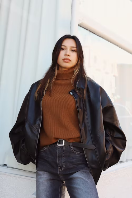 Leather jacket+pullover sweater