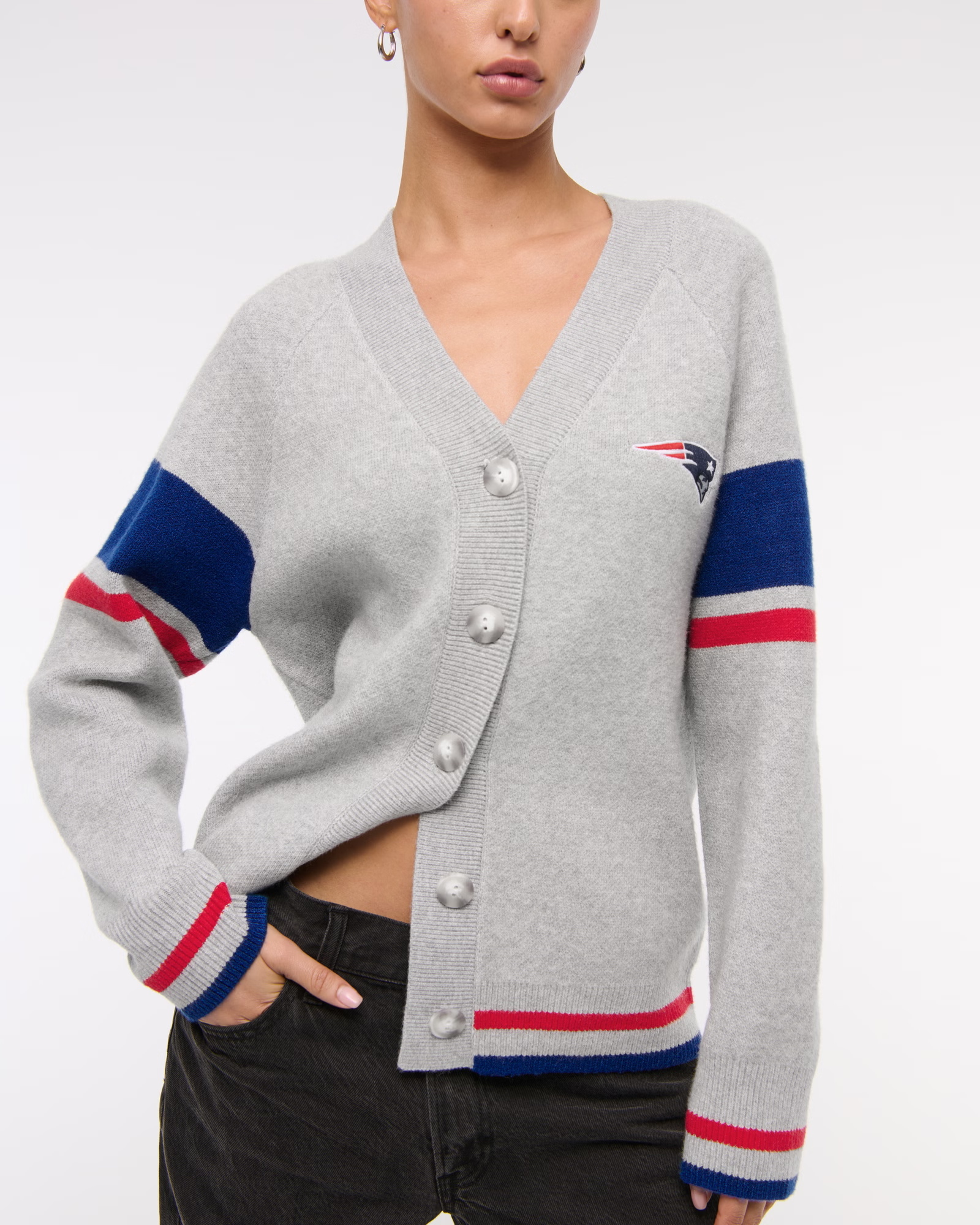 American Sports Style New England Patriots Light Gray Knitted Cardigan - 图片 3