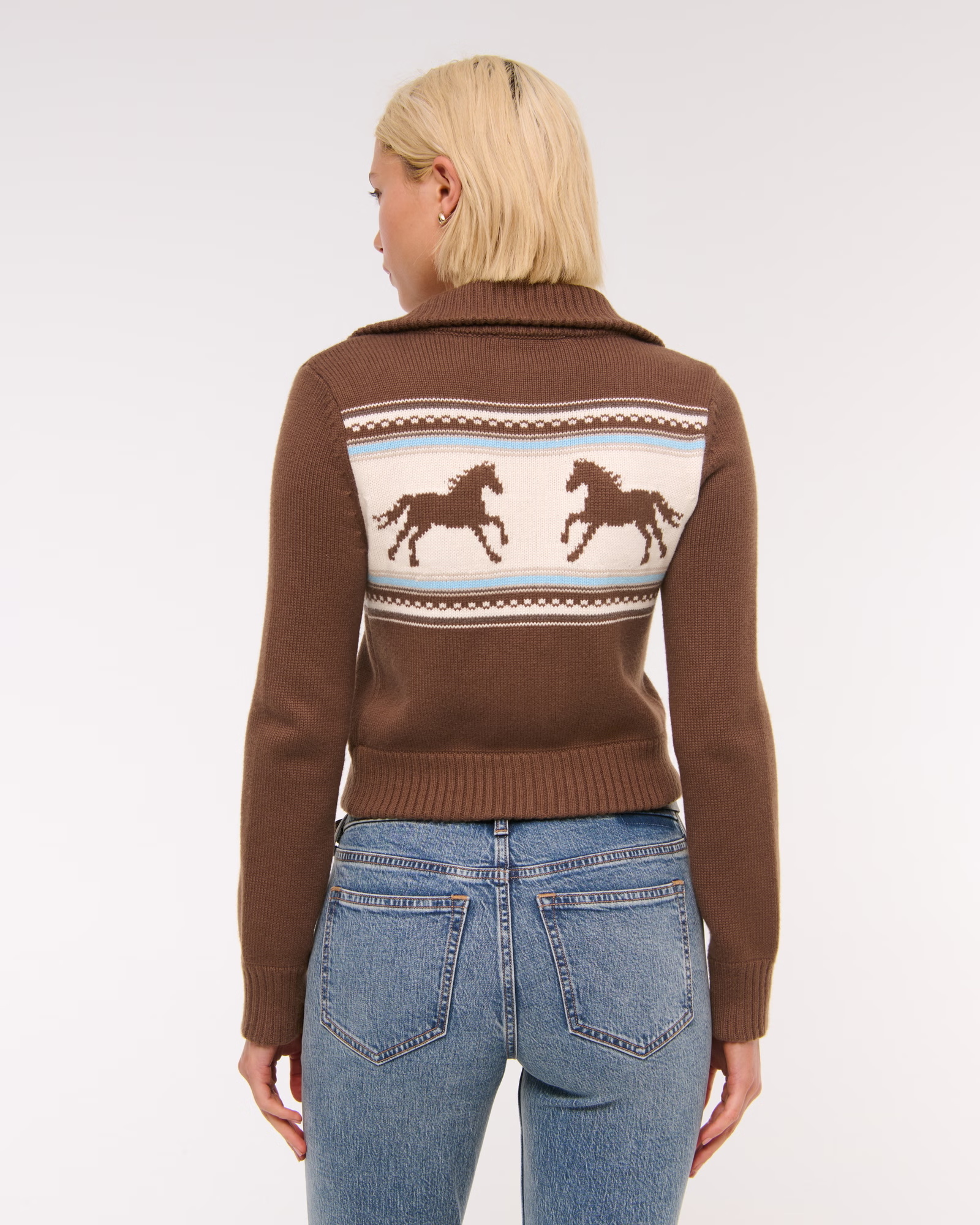 Retro Horse Pattern Brown Knitted Cardigan - 图片 5