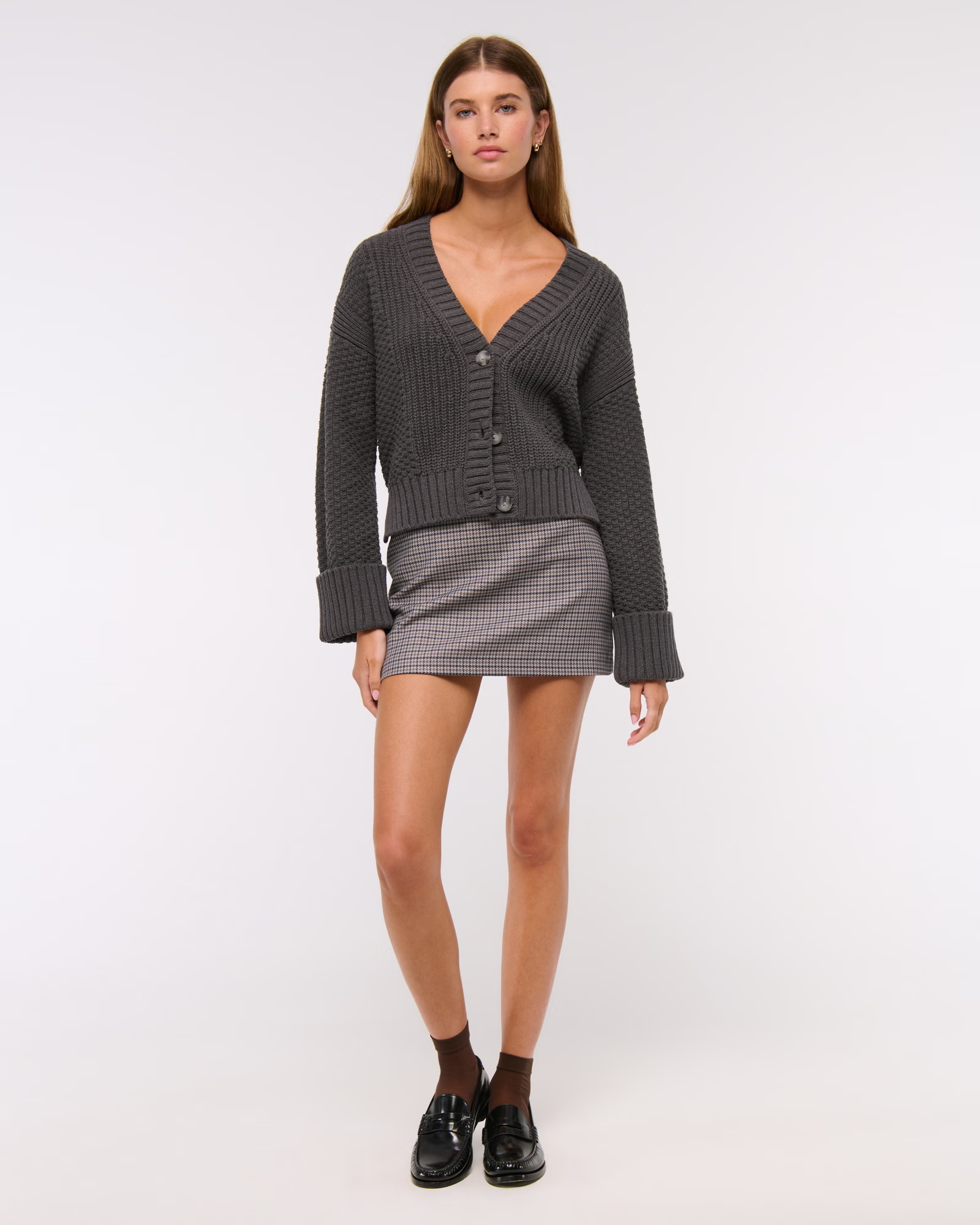 Textured Button Short - length Dark Gray Sweater Coat - 图片 4
