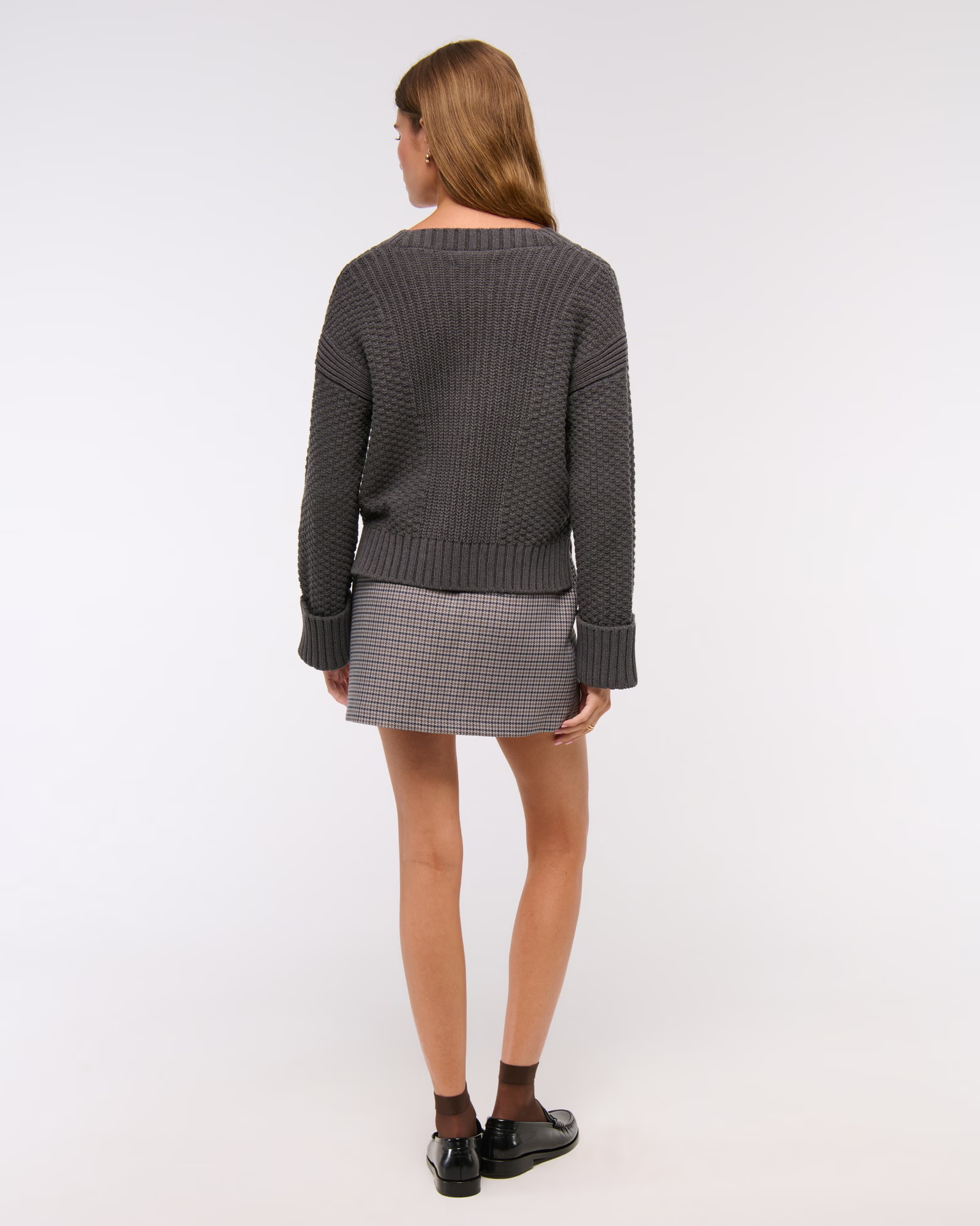 Textured Button Short - length Dark Gray Sweater Coat - 图片 5