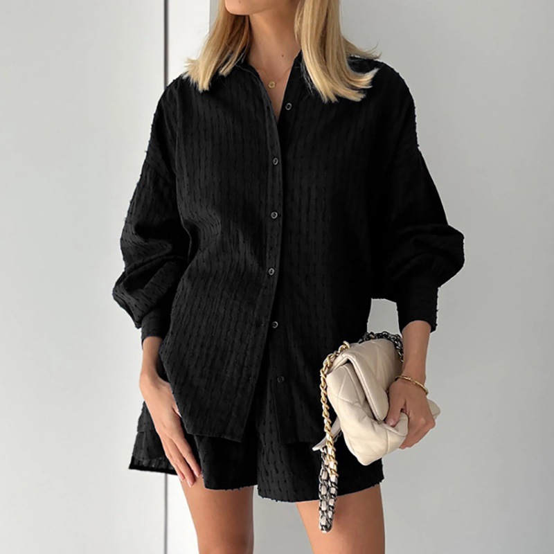 Shirt jacquard puff sleeve temperament top shorts commuter design casual suit - 图片 3
