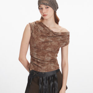 Tie-dye short-sleeved vest with ruffled waist and slim-fit sleeveless top