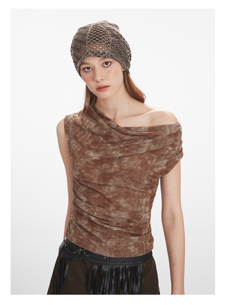 Tie-dye short-sleeved vest with ruffled waist and slim-fit sleeveless top - 图片 4